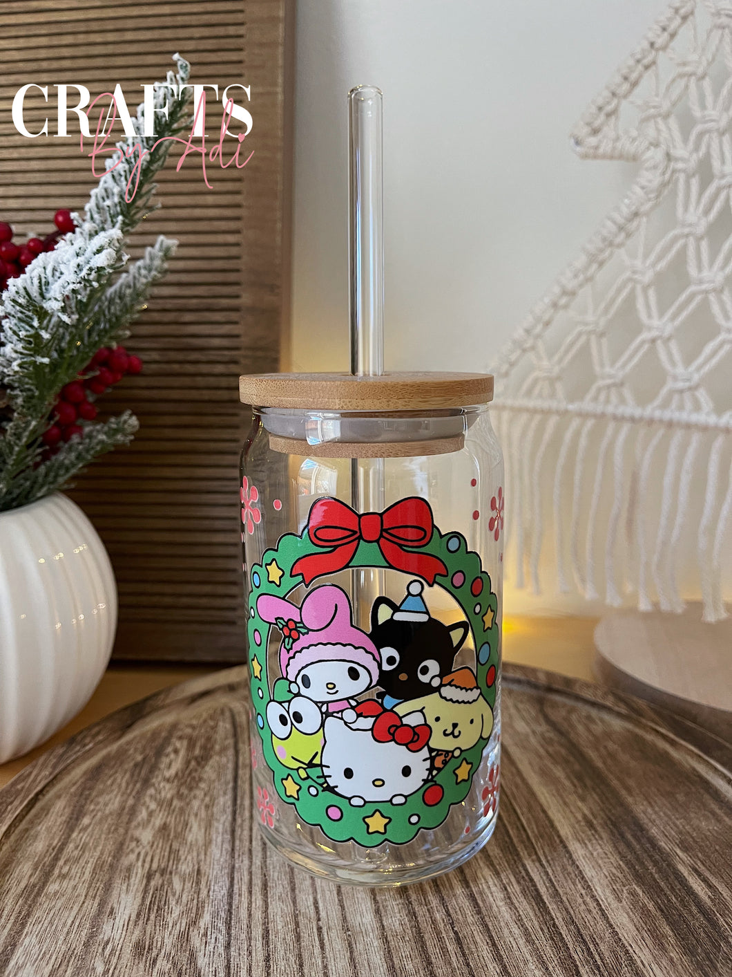 Christmas Kitty and Friends Glass Cup 16 oz