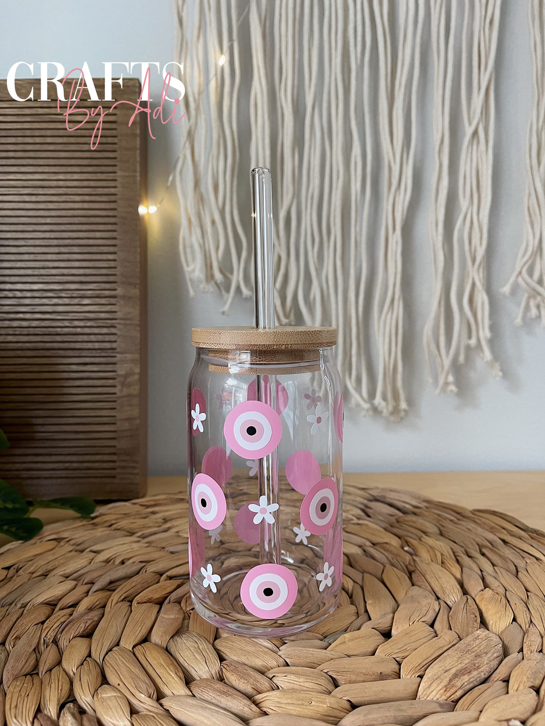 Pink Evil Eye Daisy Glass Cup 16 oz