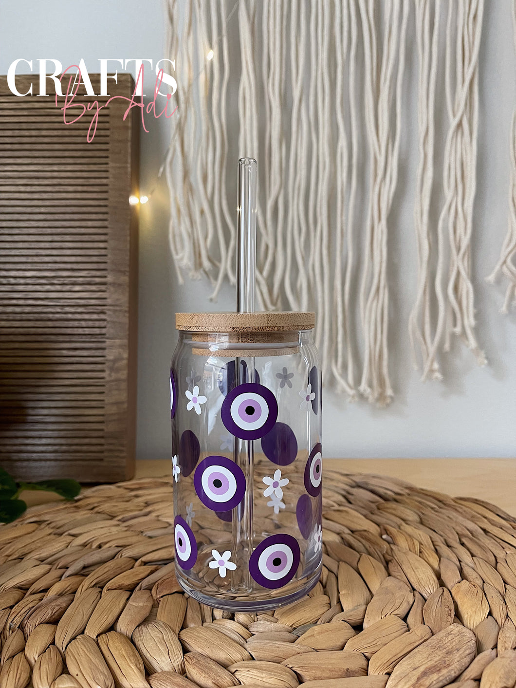 Purple Evil Eye Daisy Glass Cup 16 oz