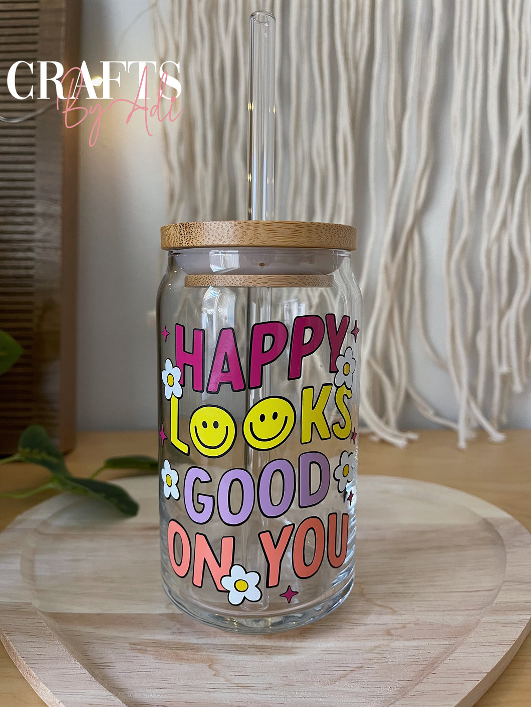 Be Happy Glass Cup 16 oz