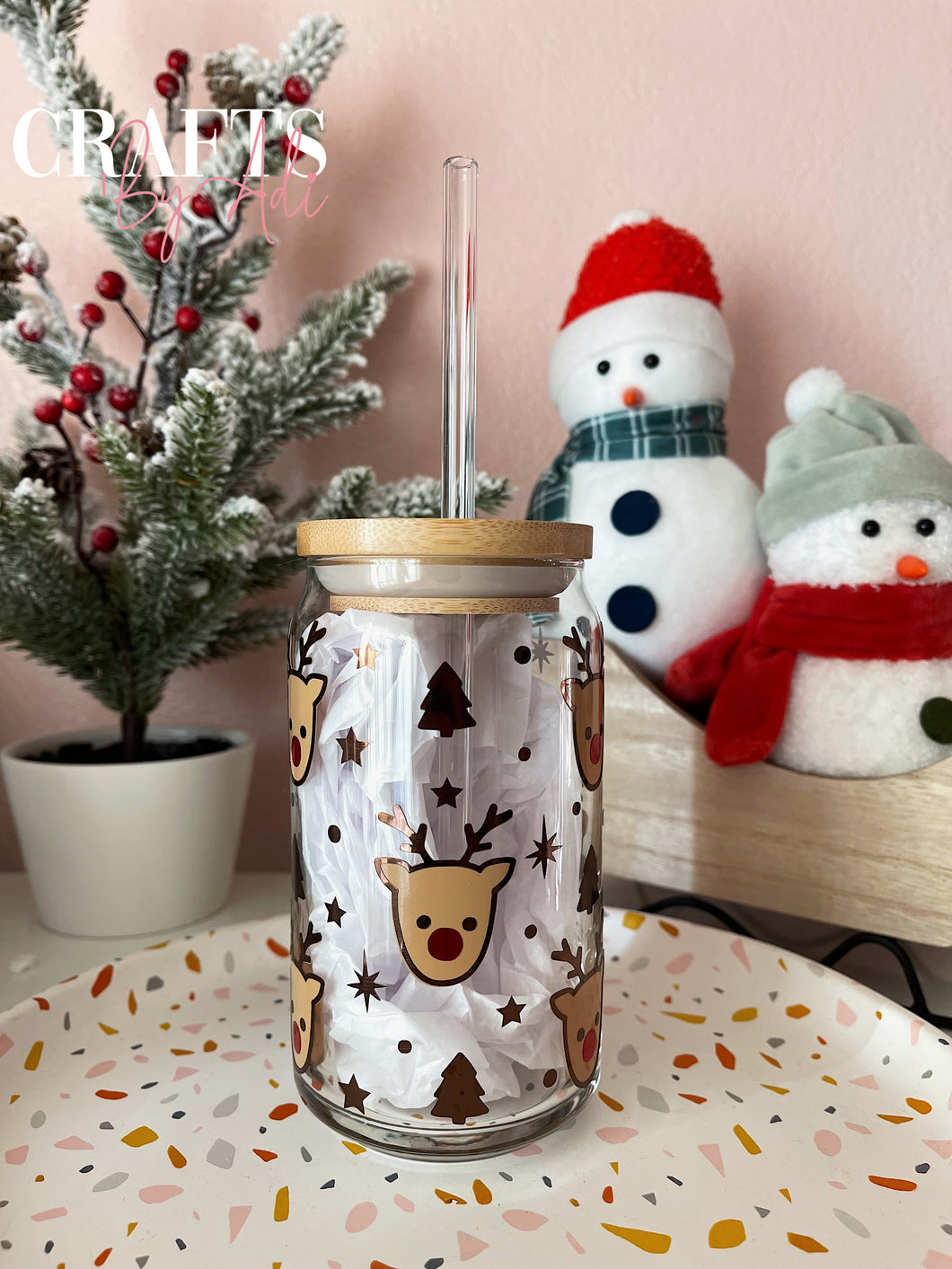 Reindeer Glass Cup 16 oz