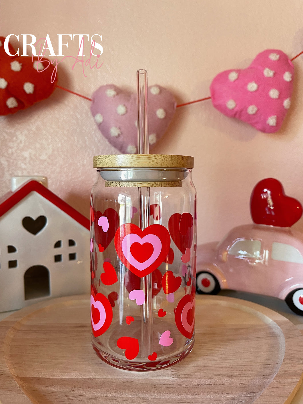 Retro Hearts Glass Cup 16 oz
